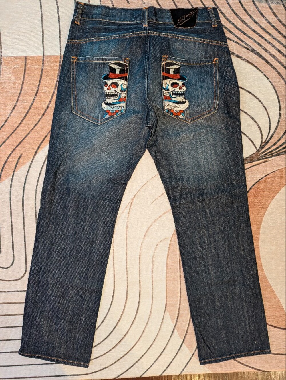 Ed Hardy Vintage Dark Blue Button Fly Skull Embroidery Back Pockets Jeans, 36